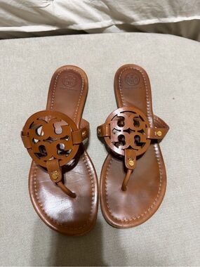 Tory Burch Brown Leather Logo Thong Sandals